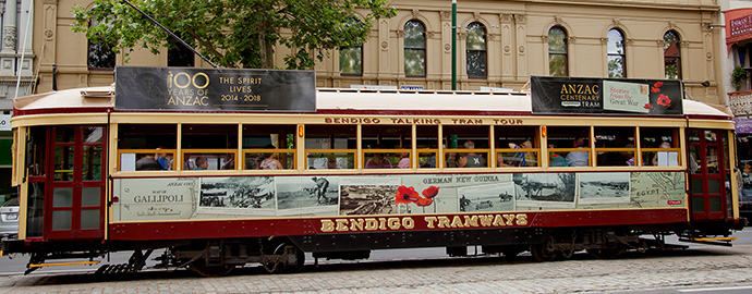 Bendigo Tramways Anzac Centenary Tram passing the Beehive Building