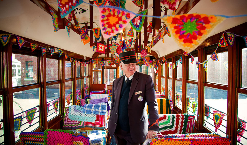 Bendigo Tramways Driver inside the crochet decorated Yarn Bomb Tram