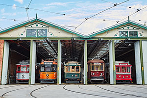 Five trams sitting within the Bendigo Tramways Depot