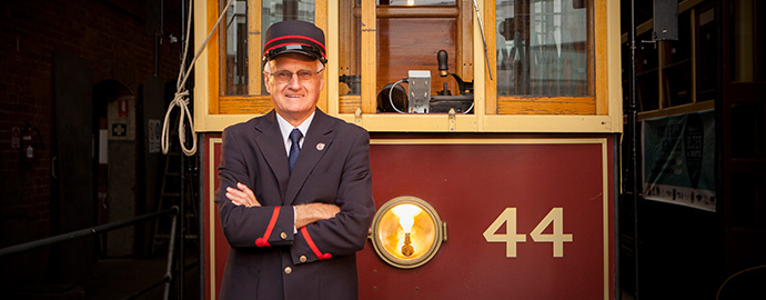 Bendigo Tramways Driver standing in front of Tram 44 at the Depot