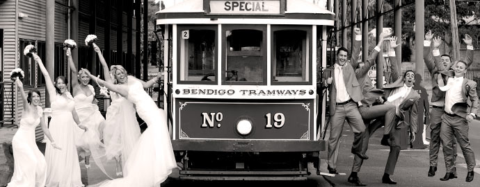 Wedding Party posing with Bendigo Tramways Tram at the Central Deborah Gold Mine