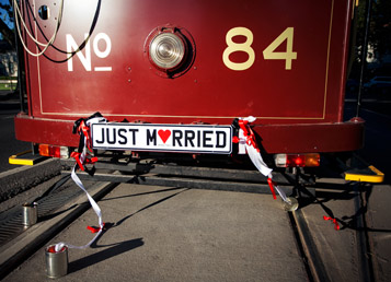 Just married signage and tin cans attached to Bendigo Tramways Tram